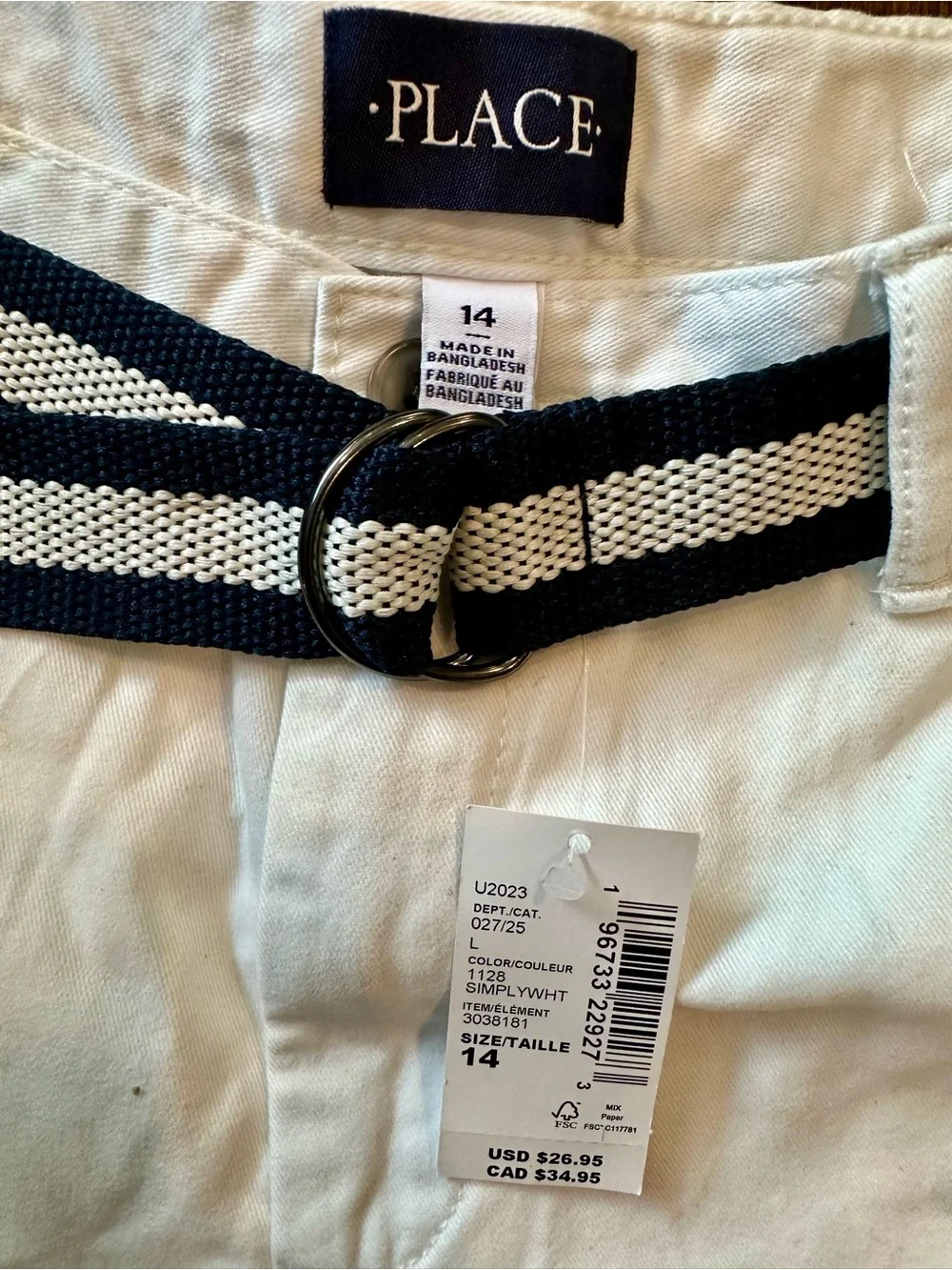 NWT The Children’s Place White Chino Shorts w/ Navy Stripe Belt | Boys Size 14